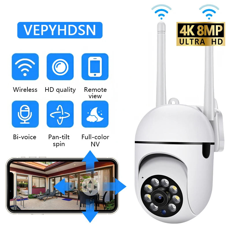 Câmera de vigilância de segurança sem fio IP Wi-Fi de 8 MP PTZ Câmeras com zoom de 4X Rastreamento Áudio bidirecional Câmera colorida noturna HD